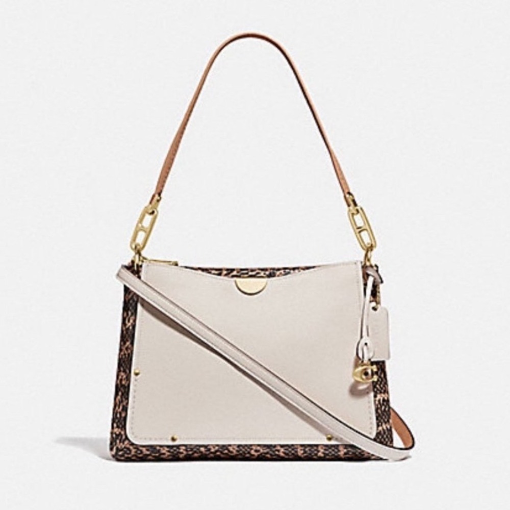 Coach Dreamer Shoulder Bag Chalk White Leather Snakeskin Trim Gold Hardware